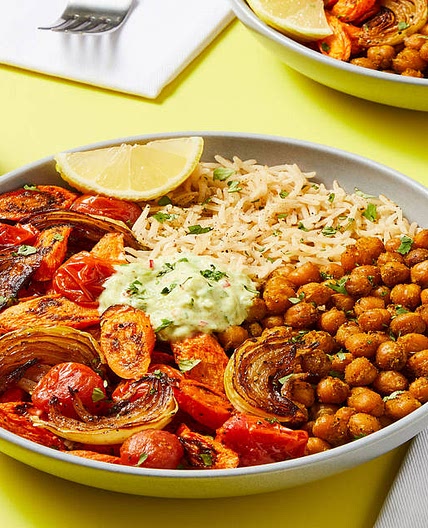 Curry-Spiced Chickpea Bowls with Roasted Veggies, Cucumber Raita & Garlic Basmati Rice