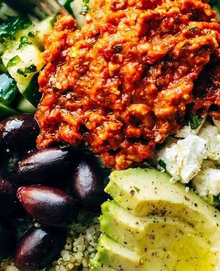 Mediterranean Quinoa Bowls with Roasted Red Pepper Sauce