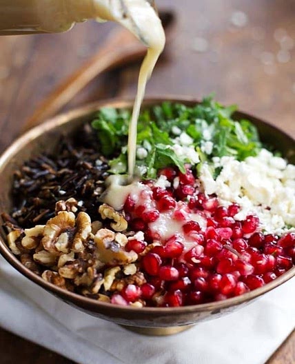 Pomegranate, Kale, and Wild Rice Salad with Walnuts and Feta
