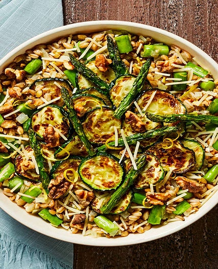 Gorgeous Greens Farro Bowl with Roasted Zucchini & Asparagus