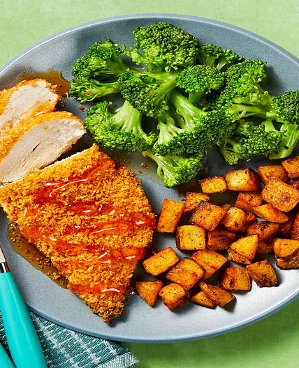 Hot Honey Chicken with BBQ-Roasted Potatoes & Buttery Broccoli