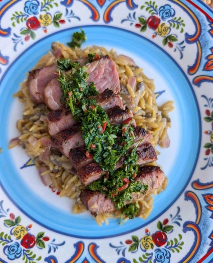 Seared Steak with Creamy Sun-Dried Tomato Orzo & Chimichurri