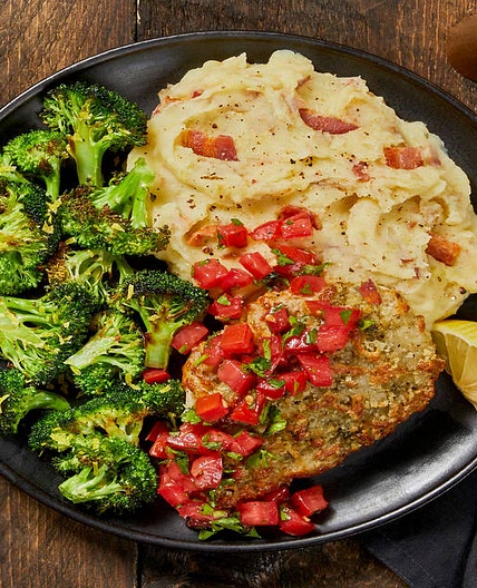 Bruschetta Chicken with a Crispy Mozzarella Crust, Bacon Mashed Potatoes & Broccoli