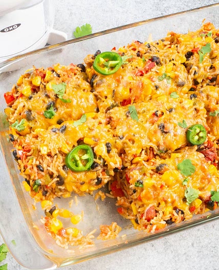 Healthy Vegetarian Mexican Casserole with Rice & Beans