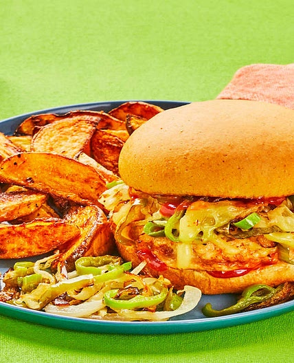 Smothered Pepper Jack Burgers with Spicy Ketchup & BBQ Potato Wedges