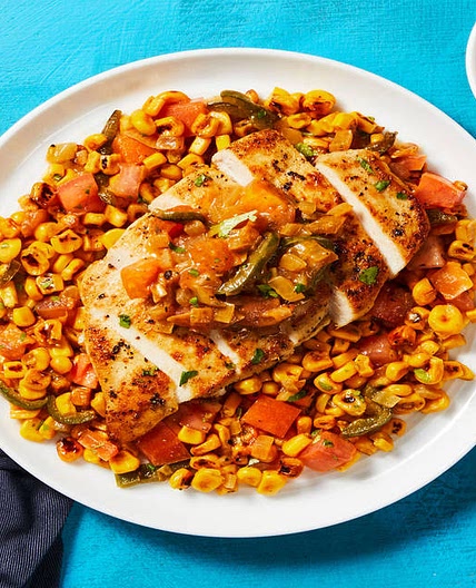 Fiery Mexican-Style Chicken with Charred Corn Salad & Tomato-Jalapeño Salsa