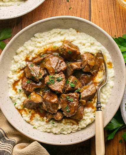 Beef Tips and Gravy over Cauliflower Mash