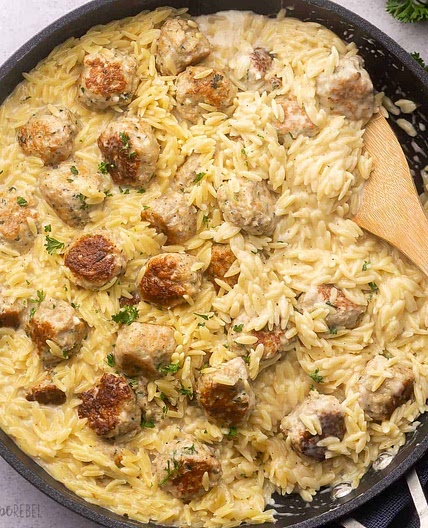 One Pan Chicken Meatballs with Orzo