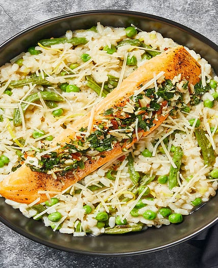 Salmon over Risotto Primavera with Green Beans, Almond Gremolata & Lemon