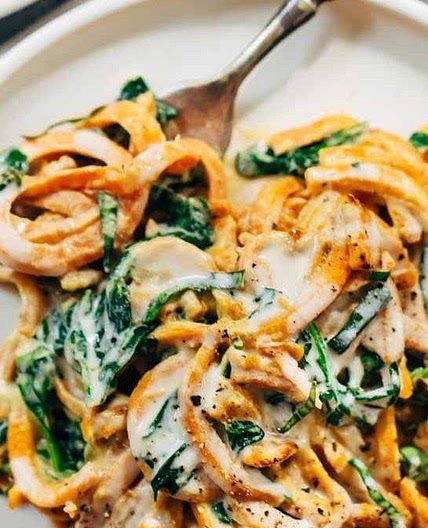 Creamy Spinach Sweet Potato Noodles with Cashew Sauce