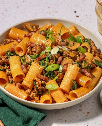 Quick Gochujang Bacon, Beef and Mushroom Rigatoni