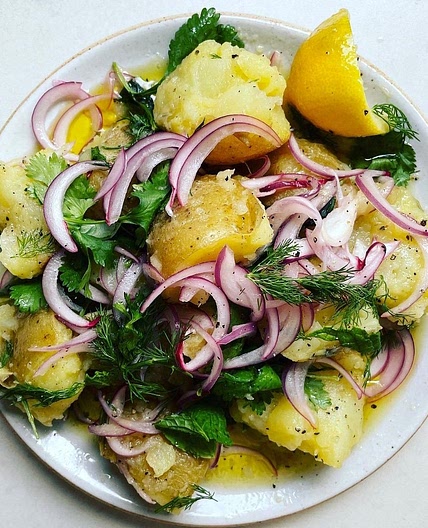 Olive Oil Drowned Potatoes with Lemony Onions and Herbs