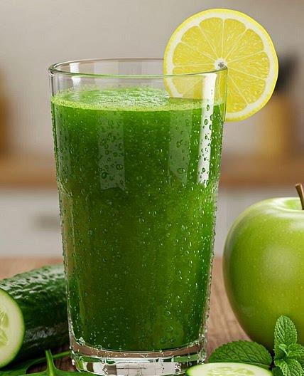 Jugo verde con manzana, pepino, espinaca, nopales y jugo de limón
