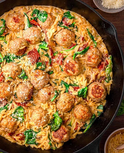 Creamy meatball orzo bake 