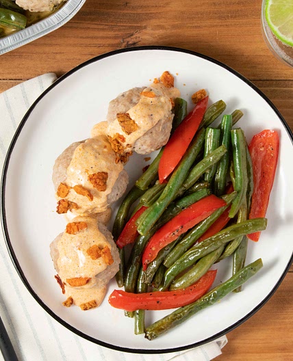 Red Pepper Parmesan Turkey Meatballs with garlic butter green beans
