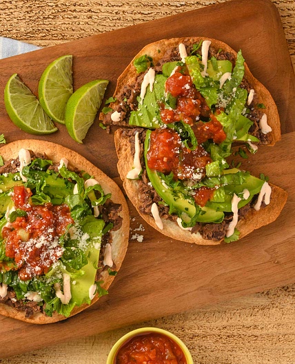 Avocado and Black Bean Tostadas with fire roasted salsa