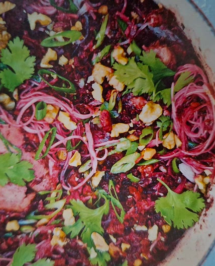 Clay Pot Noodles with beetroot and smoked tofu