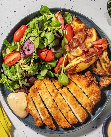 Crispy Chicken Schnitzel and Bacon Wedges