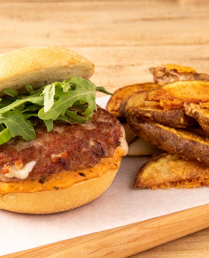 Mozzarella Stuffed Turkey Burger with Parmesan potato wedges