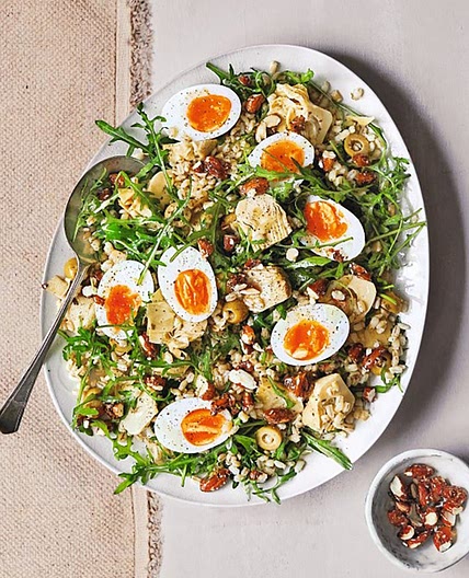 Artichoke and barley salad with soft-boiled eggs