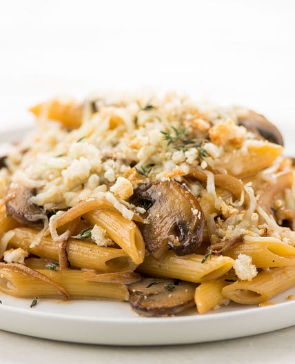 Baked French Onion Penne with cremini mushrooms