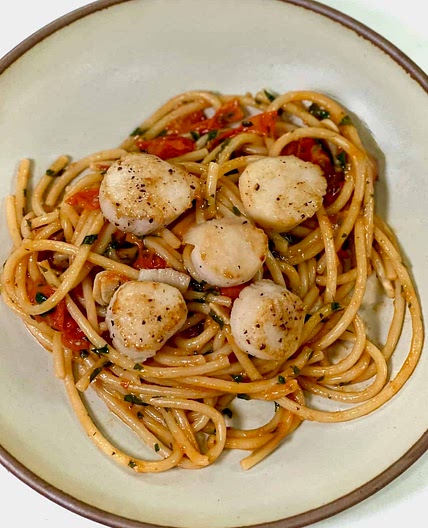 Burst Tomato Pasta with Seared Scallops