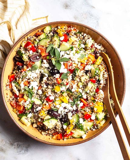 Mediterranean Quinoa Salad with Peppers, Cucumbers, Olives and Feta