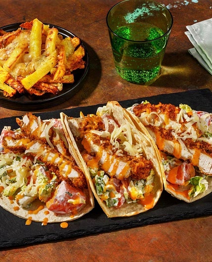 Crispy Buffalo Chicken Tacos and Cheesy Chips