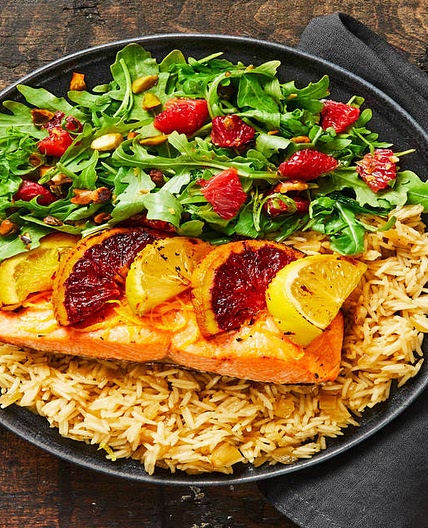 Slow-Roasted Citrus Trout with Chive Crème Fraîche, Rice Pilaf & Blood Orange Pistachio Salad