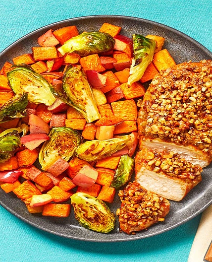 Pecan & Walnut-Crusted Chicken with BBQ-Spiced Sweet Potato, Brussels Sprouts & Apple