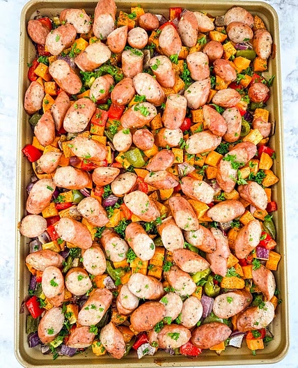 Easy Oven Baked Sausage and Peppers with Sweet Potatoes