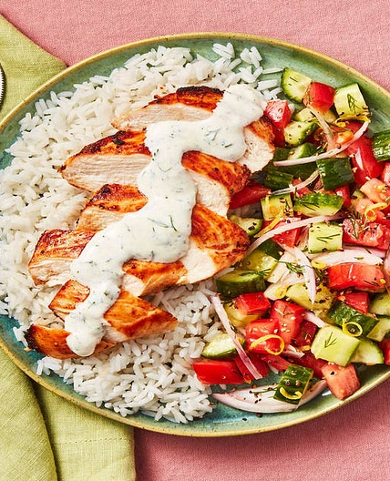 Shawarma-Spiced Chicken with Persian Salad, Rice & Creamy Dill Sauce