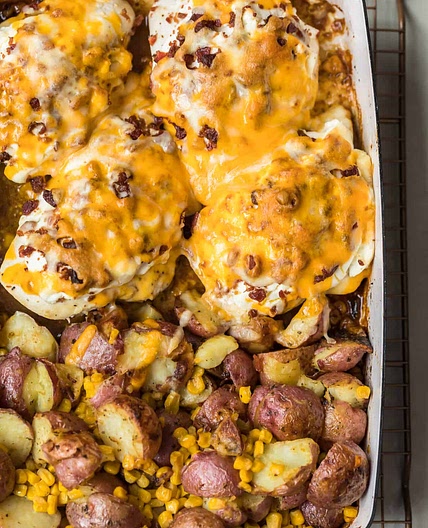 One Pan Cheesy Bacon Crusted Chicken with Ranch Potatoes and Corn