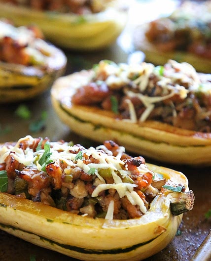 Stuffed Delicata Squash with Chicken Sausage-Mushroom Stuffing