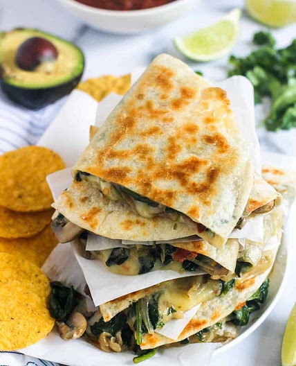 Crispy Spinach, Mushroom and Onion Quesadillas