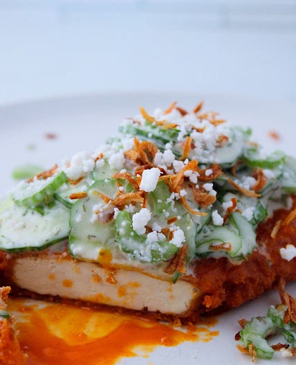 Crispy Buffalo Tofu Cutlets with Creamy Cucumber Celery Salad