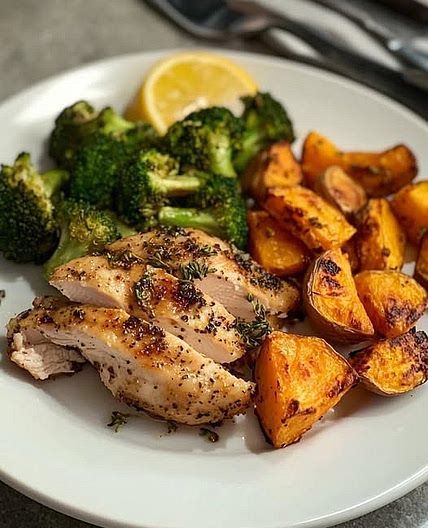 Lemon Herb Chicken with Roasted Sweet Potatoes & Broccoli