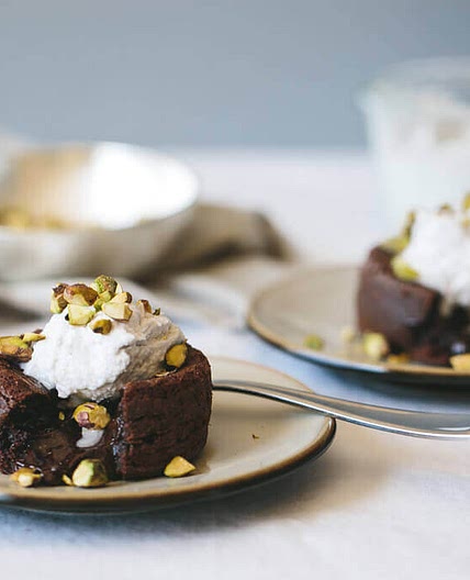 Molten Chocolate Cake with Coconut Whipped Cream and Pistachios (dairy-free, paleo)