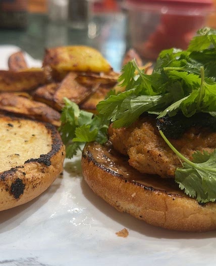 Lemongrass Chicken Burgers w/Hoisin Mayo & Potato Wedges