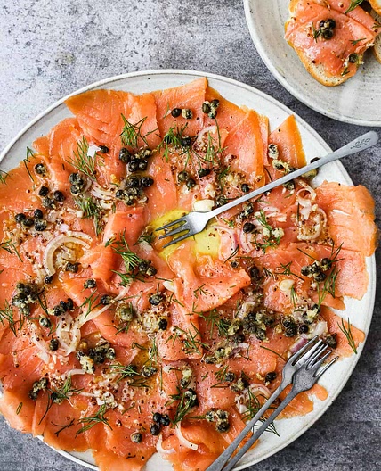 Smoked Salmon Carpaccio with Crispy Capers and Herbs