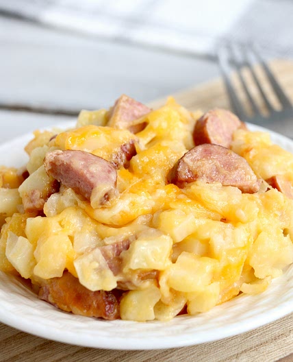 Slow Cooker Cheesy Kielbasa Hashbrown Casserole
