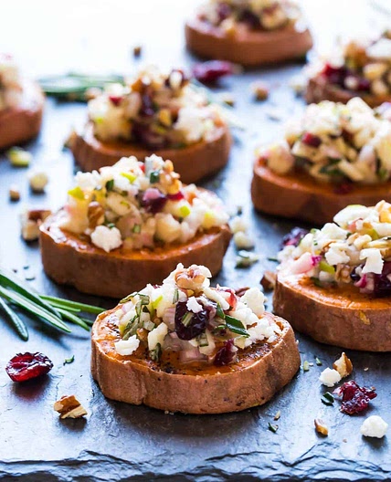 Sweet Potato Rounds with Goat Cheese, Cranberry, Apple, and Pecans