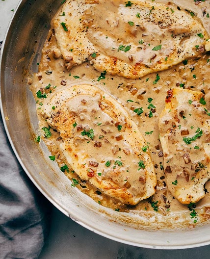 Skillet Chicken in Balsamic Caramelized Onion Cream Sauce