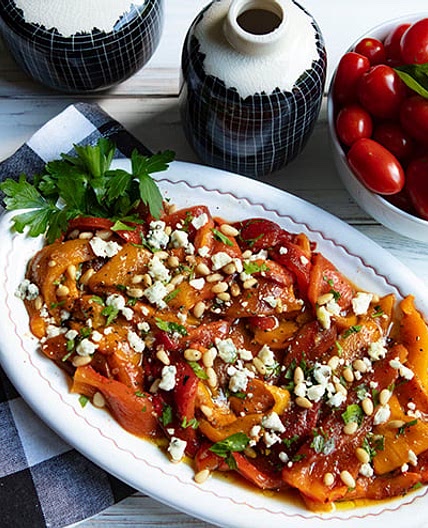 Grilled Peppers With Gorgonzola Crumbles & Pine Nuts