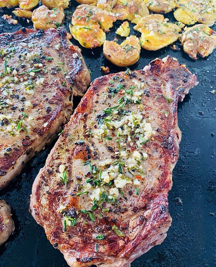 Blackstone Steak and Smashed Potatoes