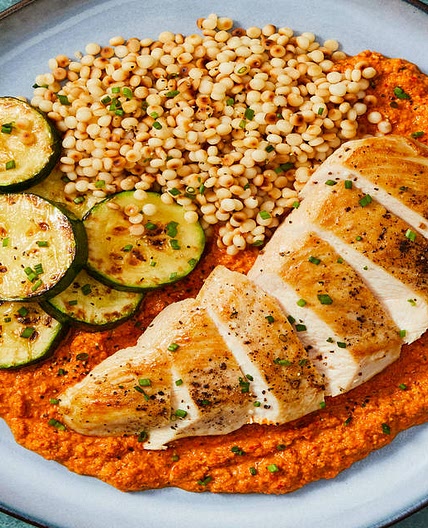 Chicken with Smoky Romesco Sauce plus Couscous & Roasted Zucchini