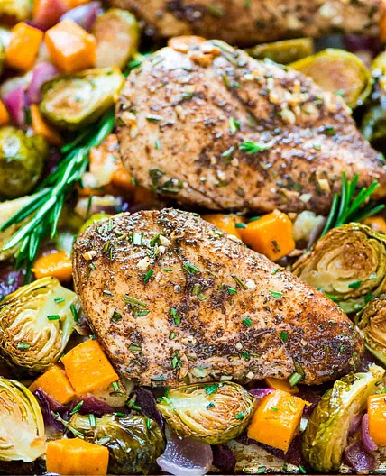 Sheet Pan Chicken with Sweet Potatoes Apples and Brussels Sprouts