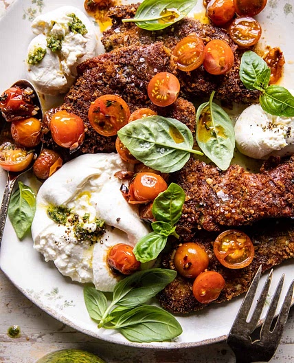 Pesto Chicken Saltimbocca with Burst Tomatoes and Burrata