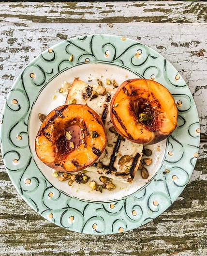 Paneer & Peaches with Honey Syrup and Pistachios