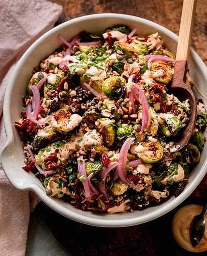 Roasted Brussels Sprouts, Quinoa & Lentil Salad with Spicy Caesar Dressing